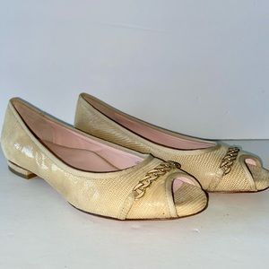 Taryn Rose Aci Beige Nude Peep Toe Flats Ladies 7 Chain  lizard embossed leather